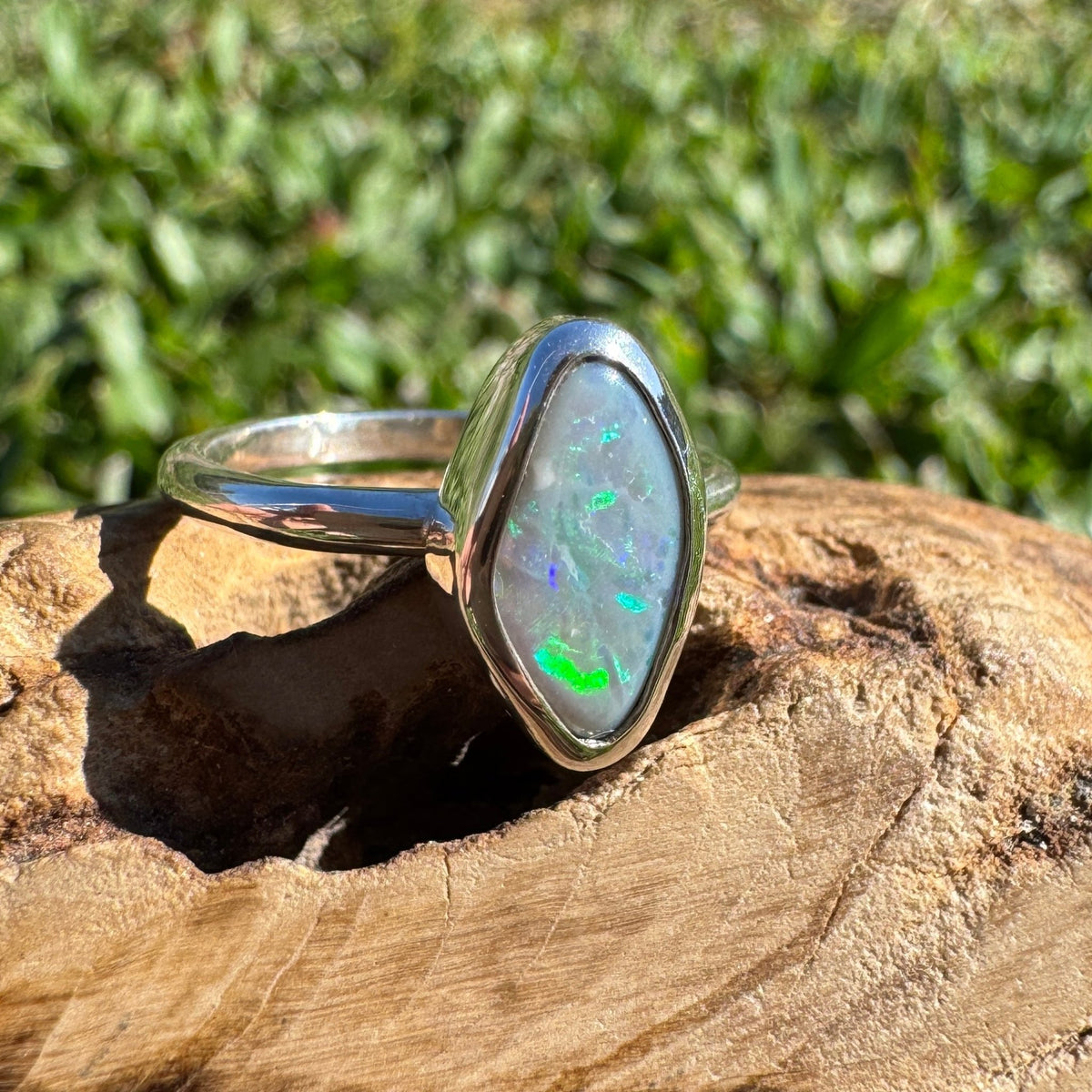 1.6ct Lightning Ridge Semi Black Opal Ring ~ 'Bald Rock Fireworks' | 925 Sterling Silver | Solid Australian Opal