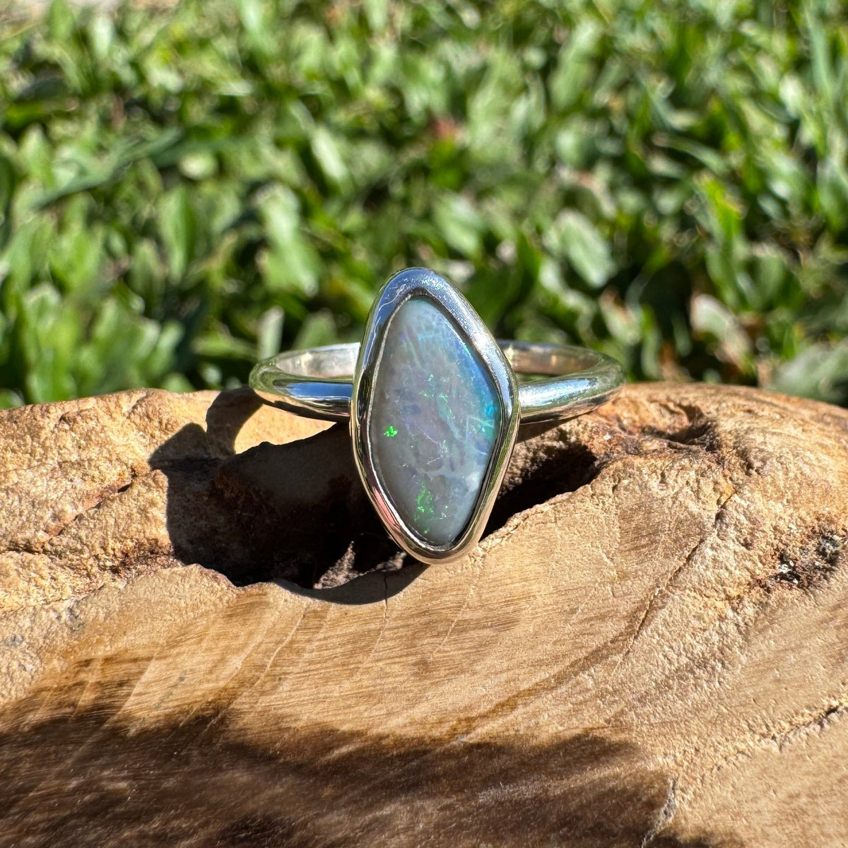 1.6ct Lightning Ridge Semi Black Opal Ring ~ 'Bald Rock Fireworks' | 925 Sterling Silver | Solid Australian Opal