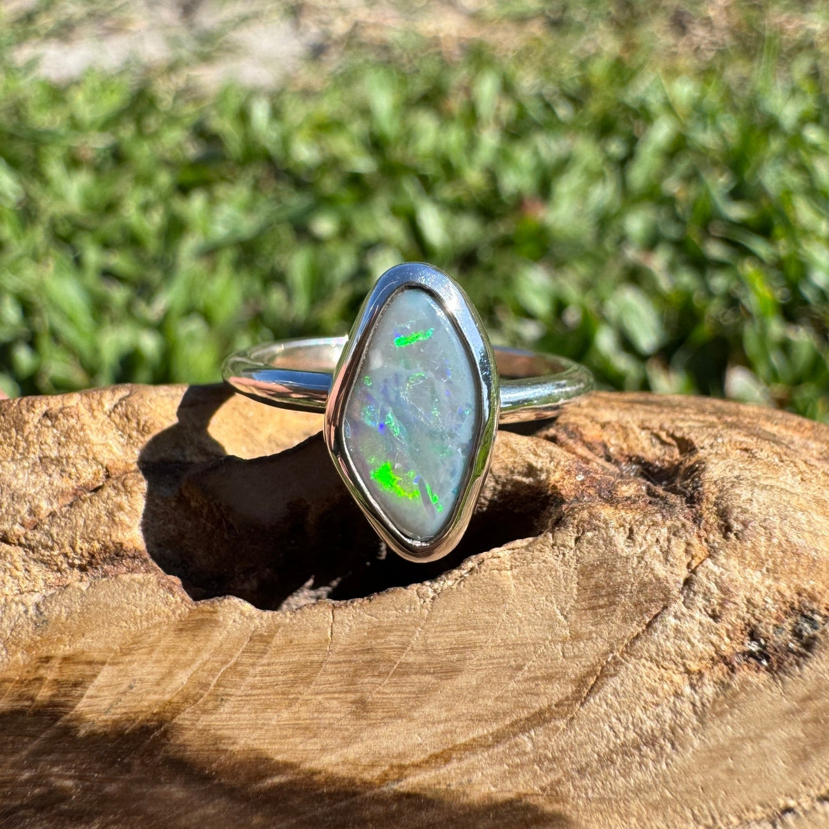 1.6ct Lightning Ridge Semi Black Opal Ring ~ 'Bald Rock Fireworks' | 925 Sterling Silver | Solid Australian Opal