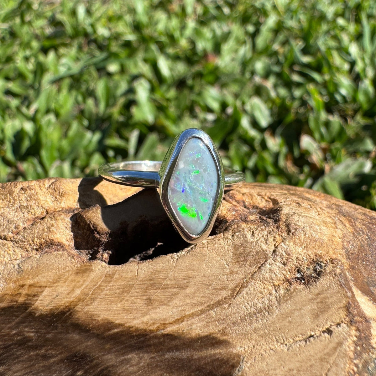 1.6ct Lightning Ridge Semi Black Opal Ring ~ 'Bald Rock Fireworks' | 925 Sterling Silver | Solid Australian Opal