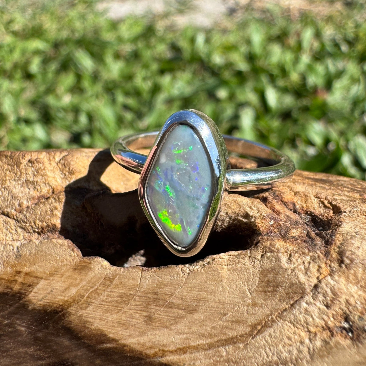 1.6ct Lightning Ridge Semi Black Opal Ring ~ 'Bald Rock Fireworks' | 925 Sterling Silver | Solid Australian Opal