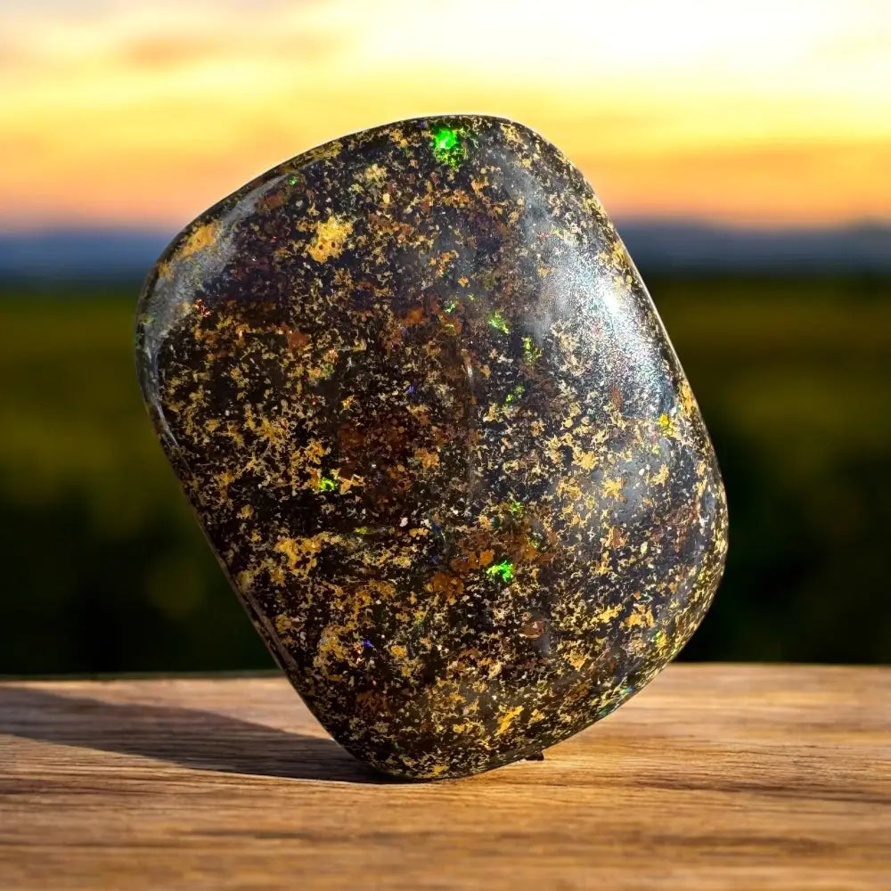 Polished black opal with green and gold flecks.