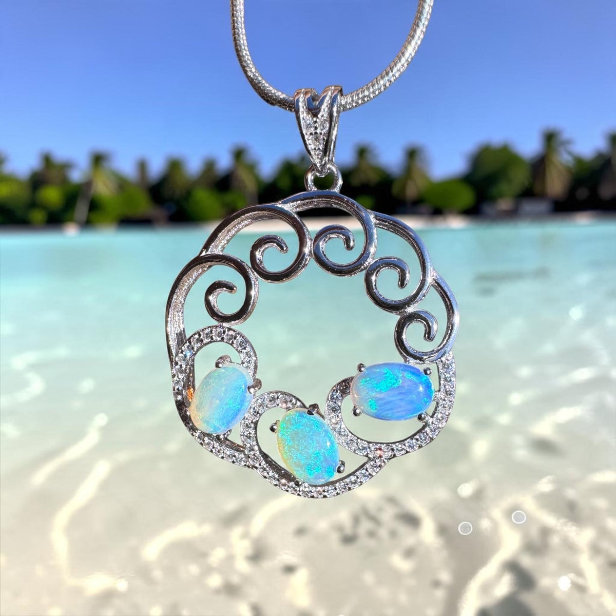 1.8ct Lightning Ridge Crystal Opal & Cubic Zirconia Trio Pendant Necklace ~ 'Granite Belt Trio' | 925 Sterling Silver | Solid Australian Opal