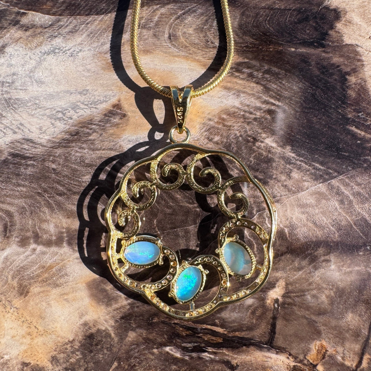 1.8ct Lightning Ridge Opal & Cubic Zirconia Trio Pendant Necklace ~ 'Hill End Trio Gold' | Yellow Gold Coated 925 Sterling Silver | Solid Australian Opal