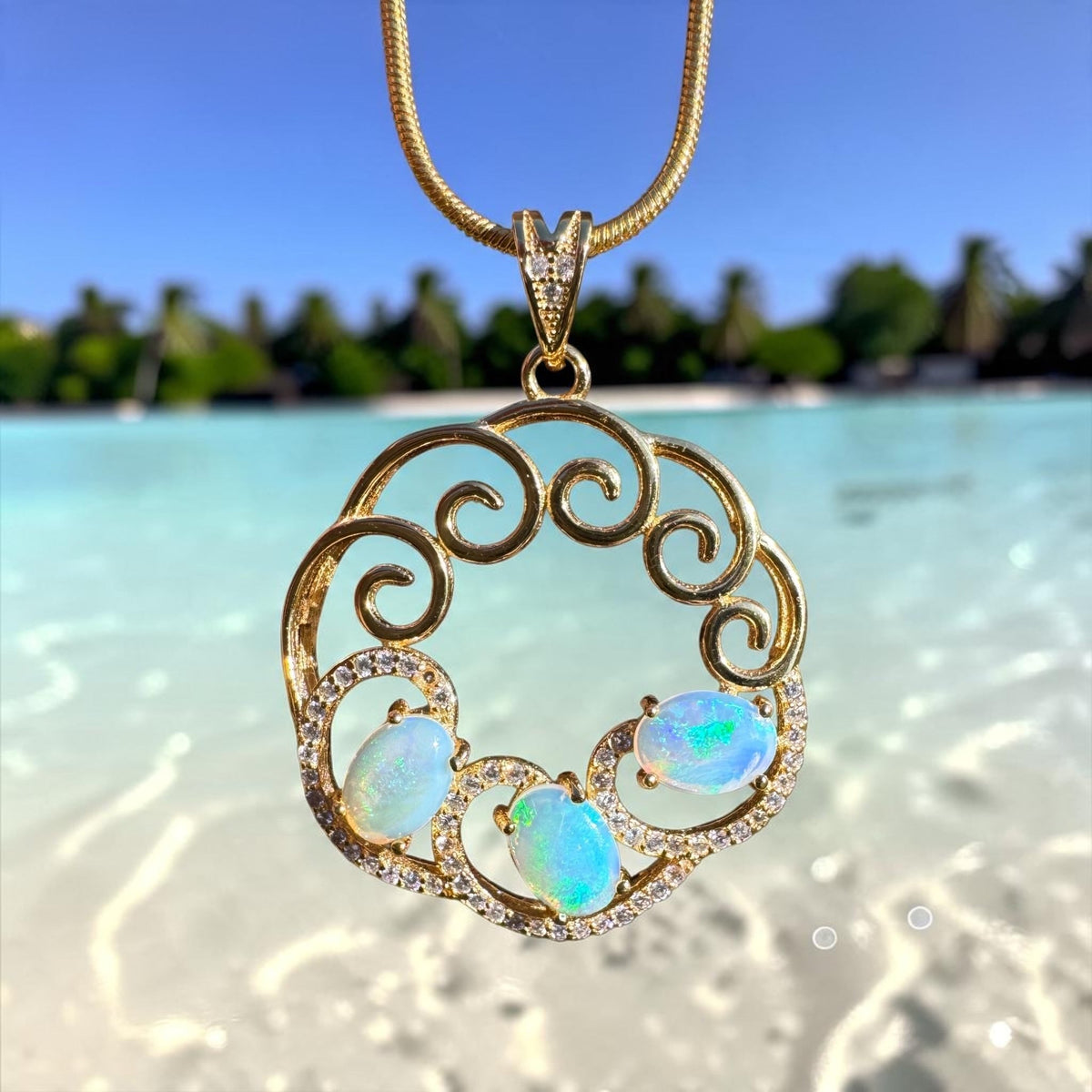 1.8ct Lightning Ridge Opal & Cubic Zirconia Trio Pendant Necklace ~ 'Hill End Trio Gold' | Yellow Gold Coated 925 Sterling Silver | Solid Australian Opal