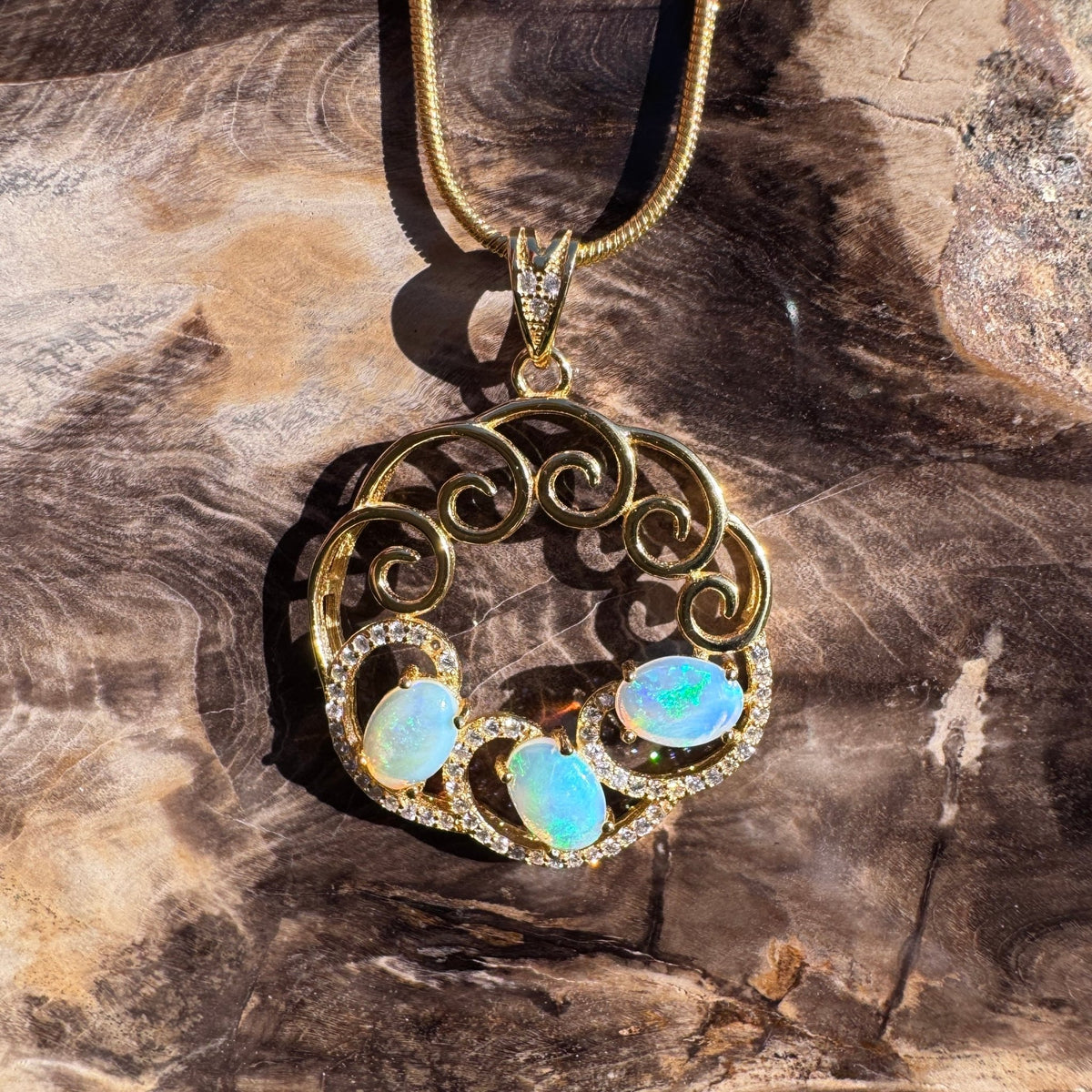 1.8ct Lightning Ridge Opal & Cubic Zirconia Trio Pendant Necklace ~ 'Hill End Trio Gold' | Yellow Gold Coated 925 Sterling Silver | Solid Australian Opal