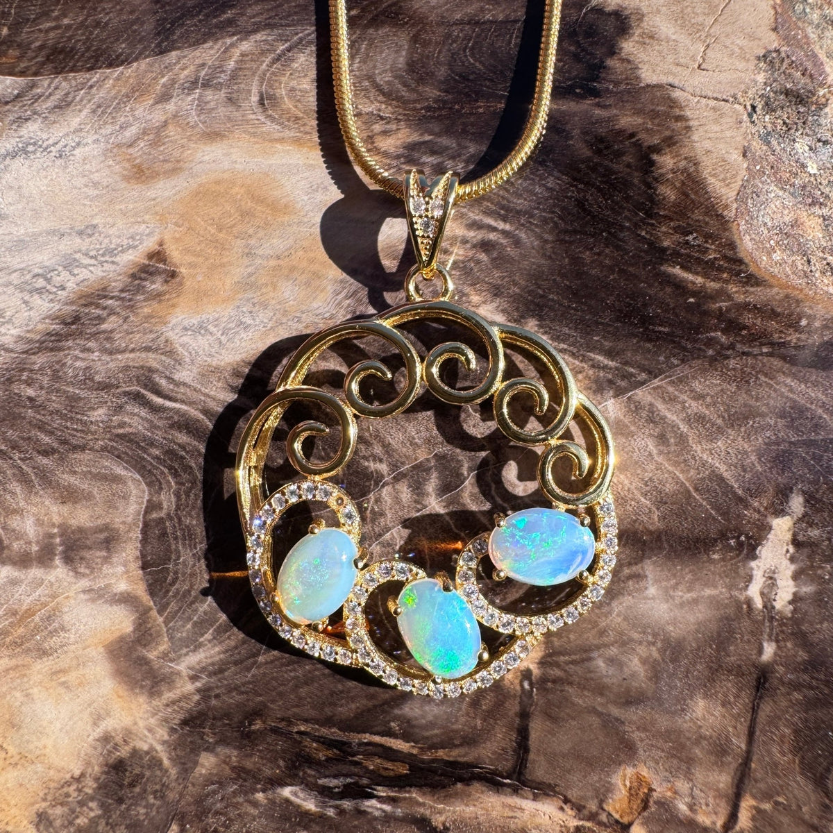 1.8ct Lightning Ridge Opal & Cubic Zirconia Trio Pendant Necklace ~ 'Hill End Trio Gold' | Yellow Gold Coated 925 Sterling Silver | Solid Australian Opal