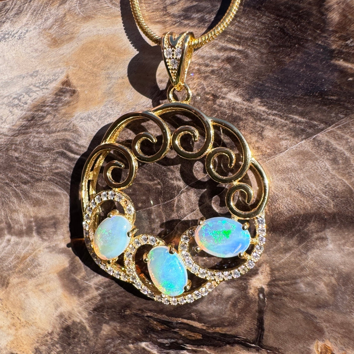 1.8ct Lightning Ridge Opal & Cubic Zirconia Trio Pendant Necklace ~ 'Hill End Trio Gold' | Yellow Gold Coated 925 Sterling Silver | Solid Australian Opal