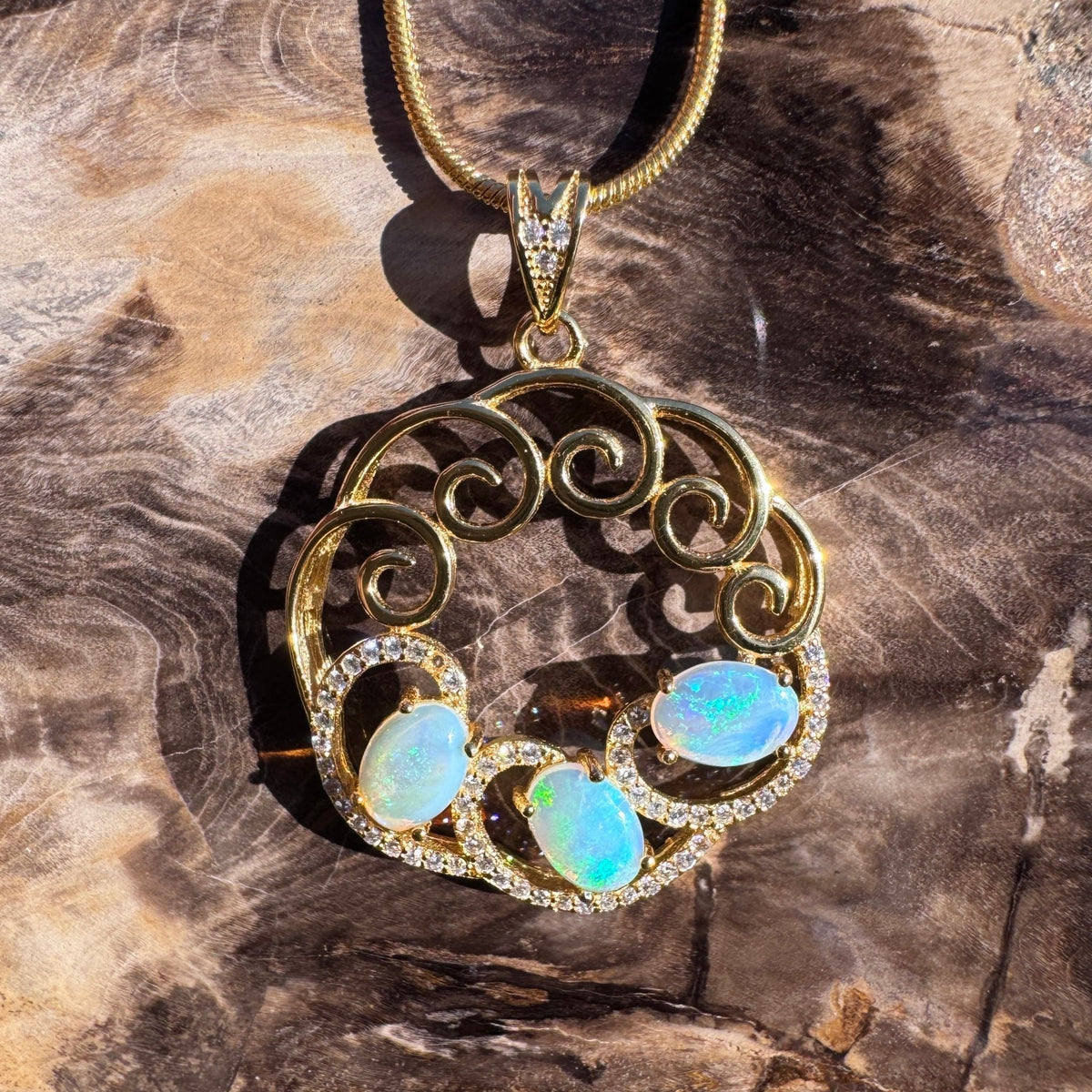 1.8ct Lightning Ridge Opal & Cubic Zirconia Trio Pendant Necklace ~ 'Hill End Trio Gold' | Yellow Gold Coated 925 Sterling Silver | Solid Australian Opal