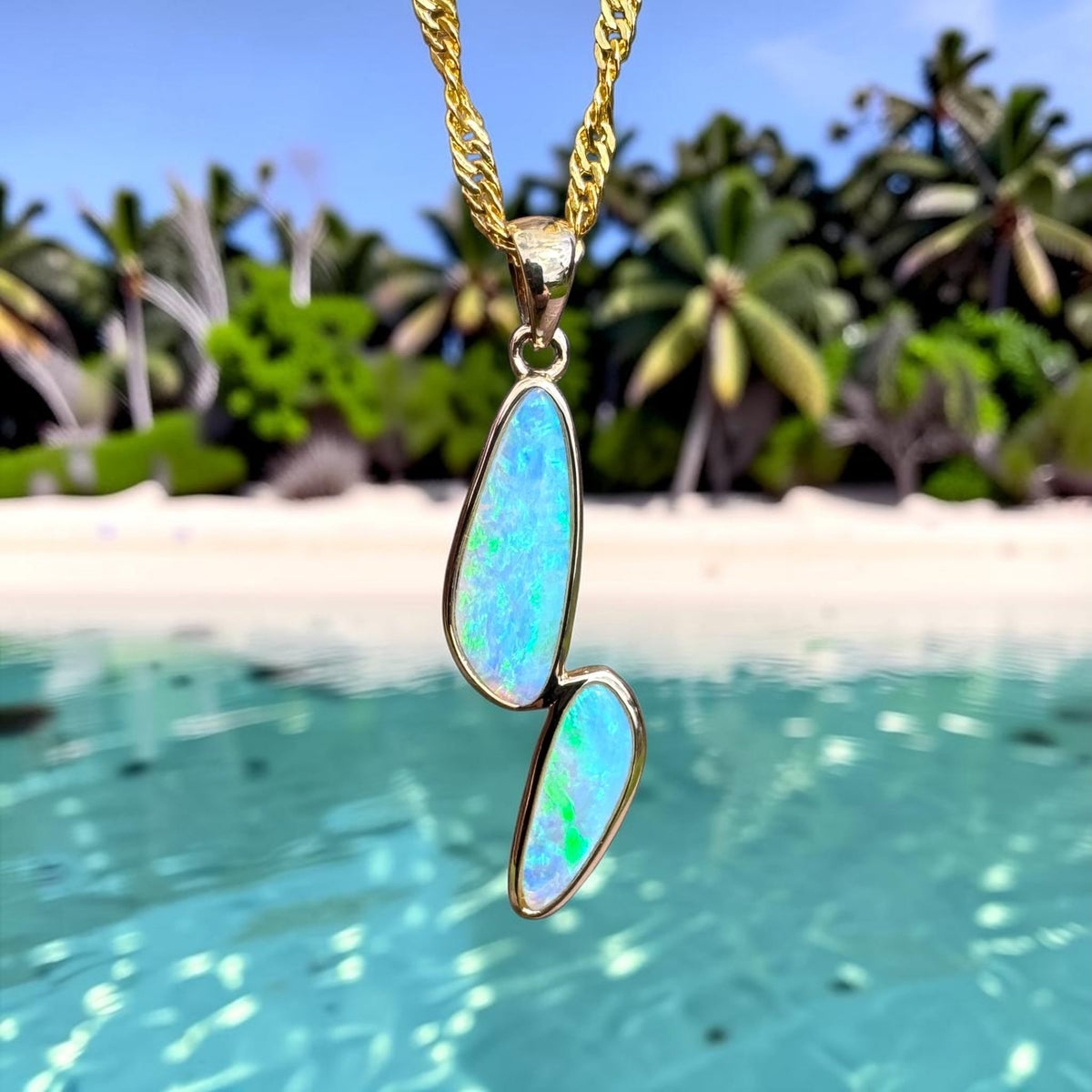 1.9ct Coober Pedy Crystal Opal Pendant Necklace ~ 'Freycinet Twins' | 14ct Yellow Gold | Solid Australian Opal