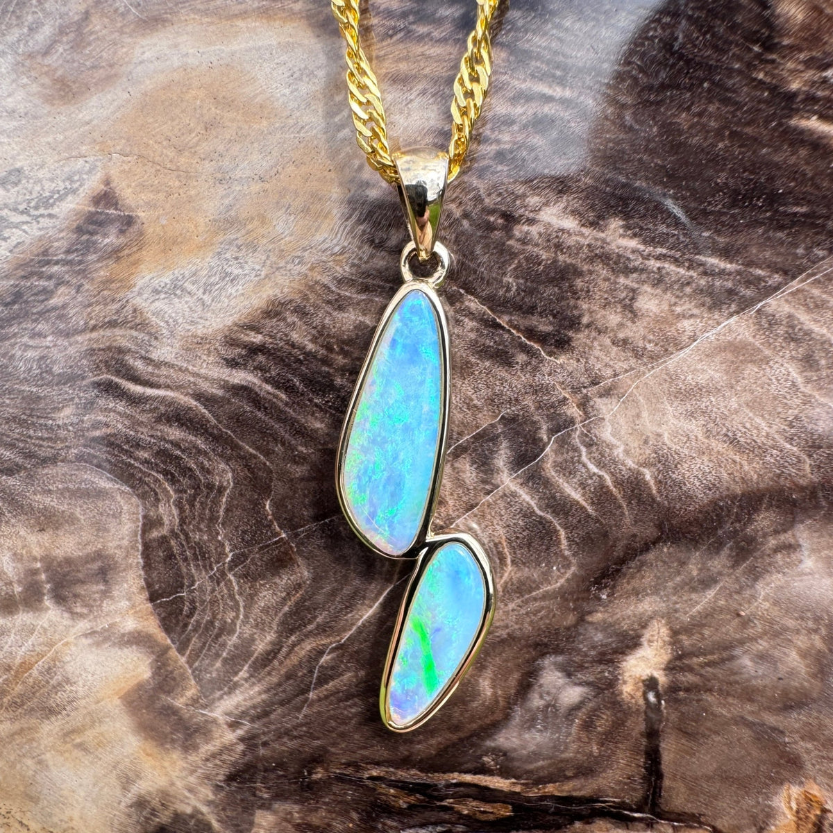 1.9ct Coober Pedy Crystal Opal Pendant Necklace ~ 'Freycinet Twins' | 14ct Yellow Gold | Solid Australian Opal