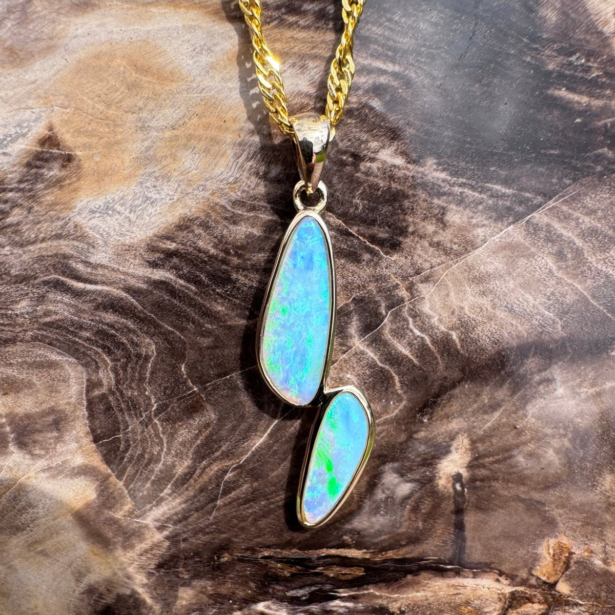 1.9ct Coober Pedy Crystal Opal Pendant Necklace ~ 'Freycinet Twins' | 14ct Yellow Gold | Solid Australian Opal