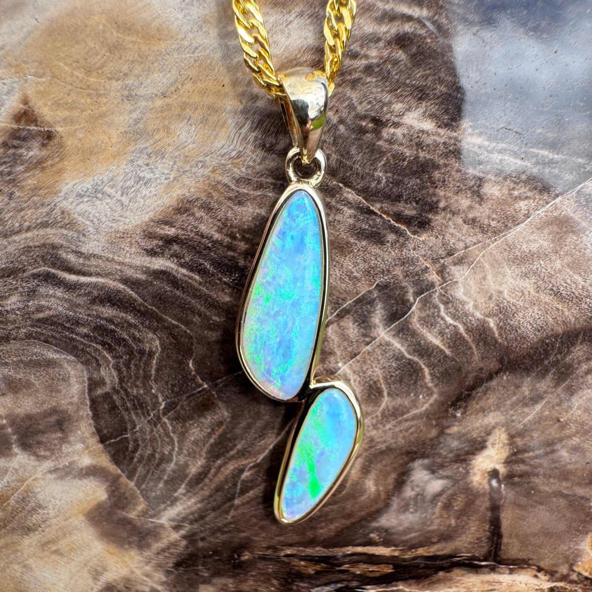 1.9ct Coober Pedy Crystal Opal Pendant Necklace ~ 'Freycinet Twins' | 14ct Yellow Gold | Solid Australian Opal