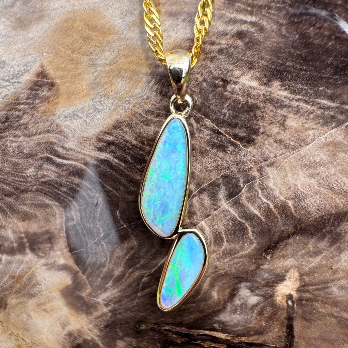 1.9ct Coober Pedy Crystal Opal Pendant Necklace ~ 'Freycinet Twins' | 14ct Yellow Gold | Solid Australian Opal