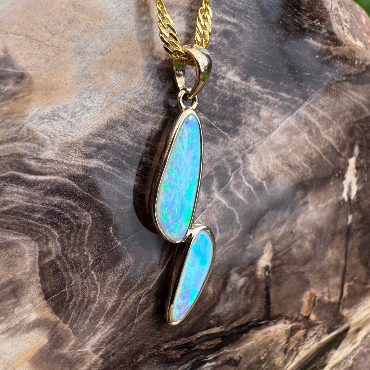 1.9ct Coober Pedy Crystal Opal Pendant Necklace ~ 'Freycinet Twins' | 14ct Yellow Gold | Solid Australian Opal