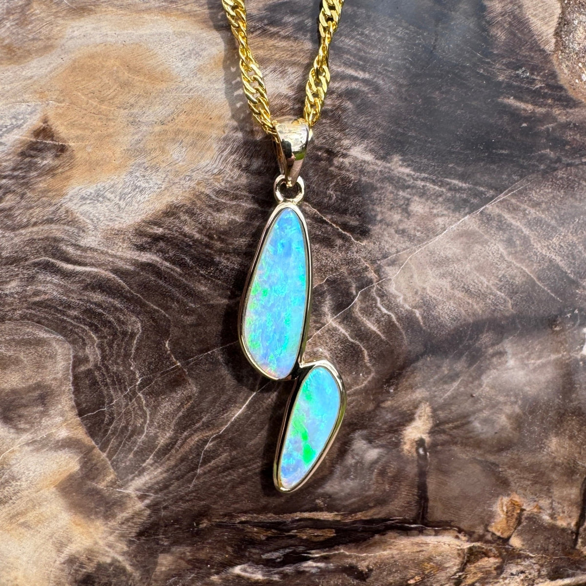1.9ct Coober Pedy Crystal Opal Pendant Necklace ~ 'Freycinet Twins' | 14ct Yellow Gold | Solid Australian Opal