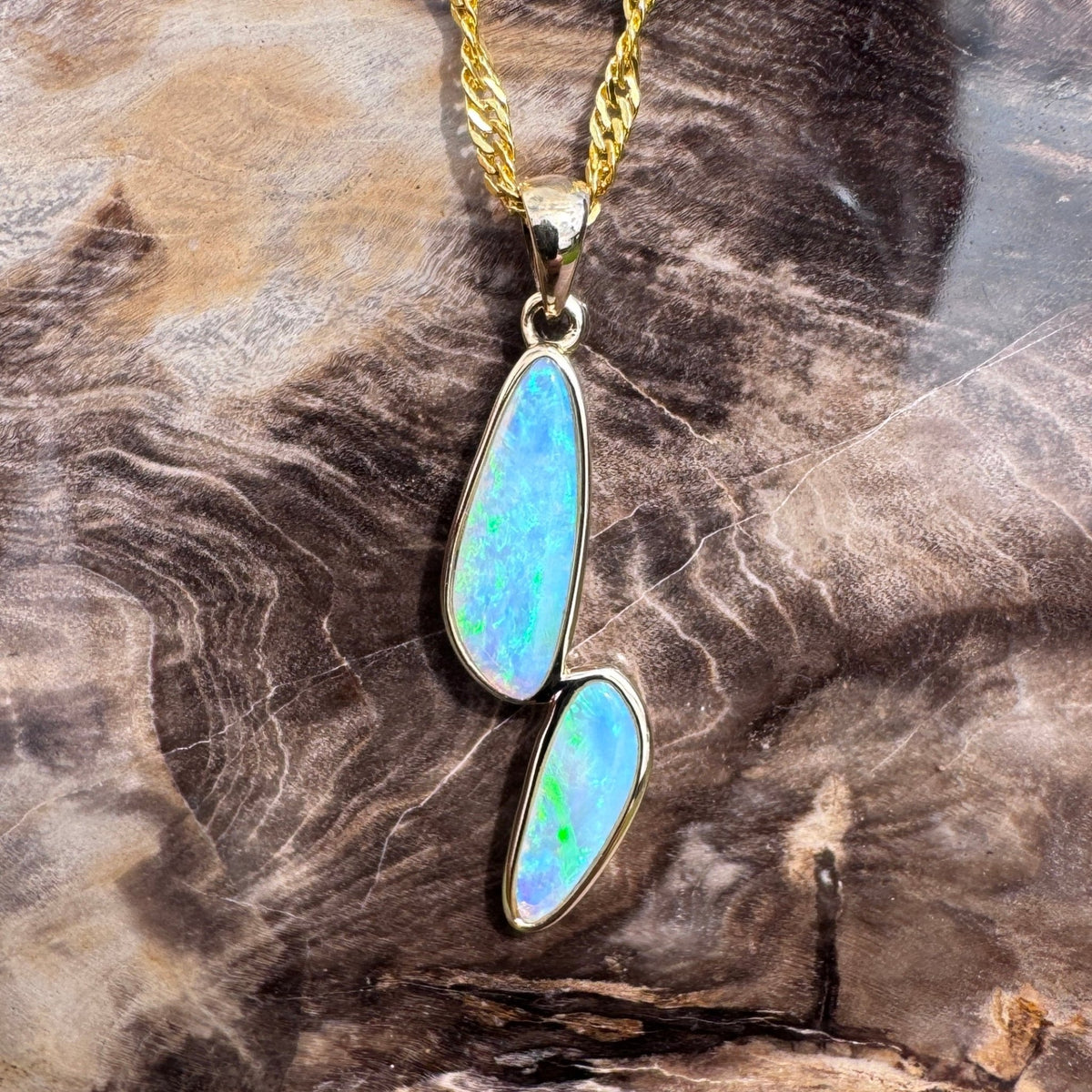 1.9ct Coober Pedy Crystal Opal Pendant Necklace ~ 'Freycinet Twins' | 14ct Yellow Gold | Solid Australian Opal