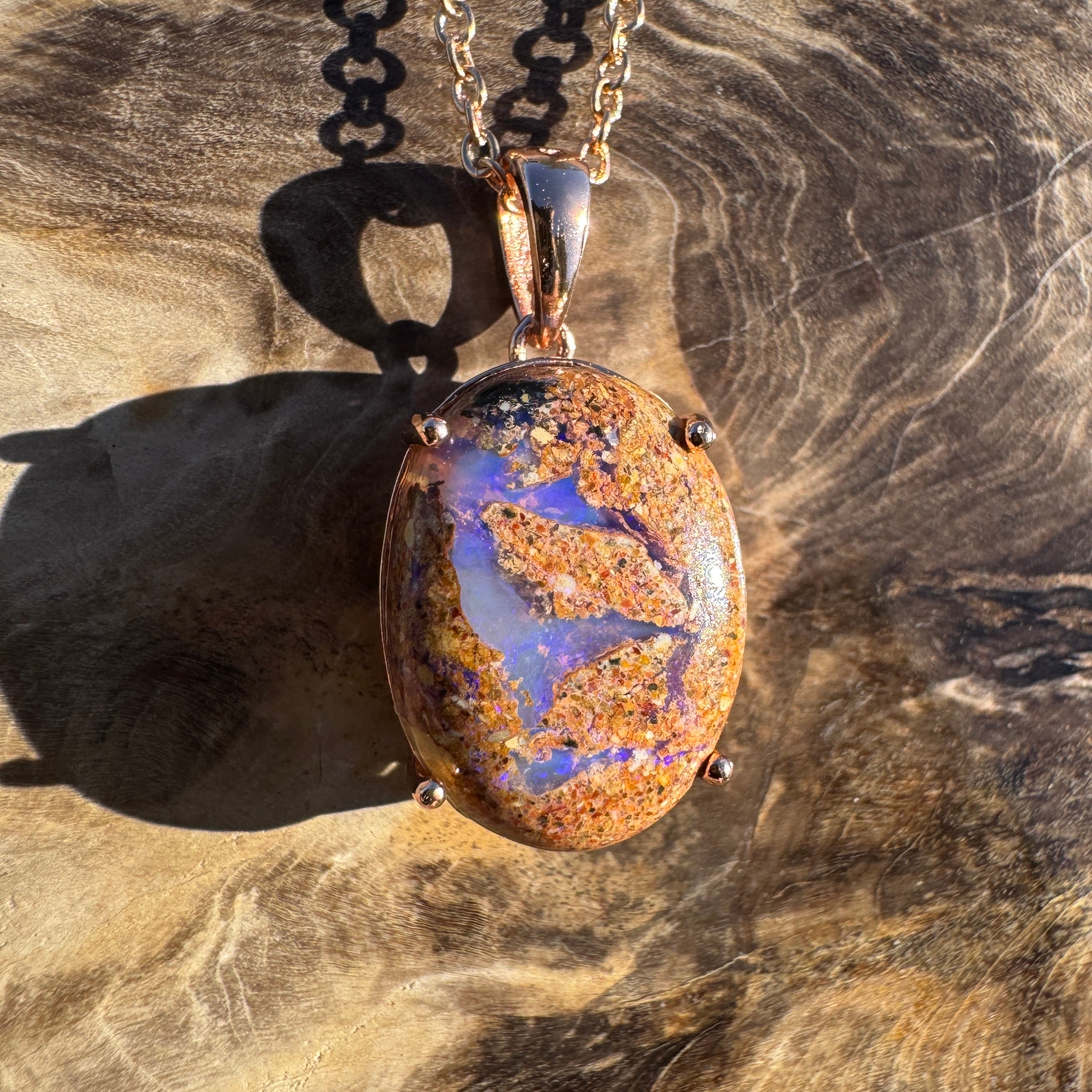8.2ct Queensland Opal Pendant Necklace ~ 'Quilpie Twilight' | Rose Gold Coated 925 Sterling Silver | Solid Australian Opal