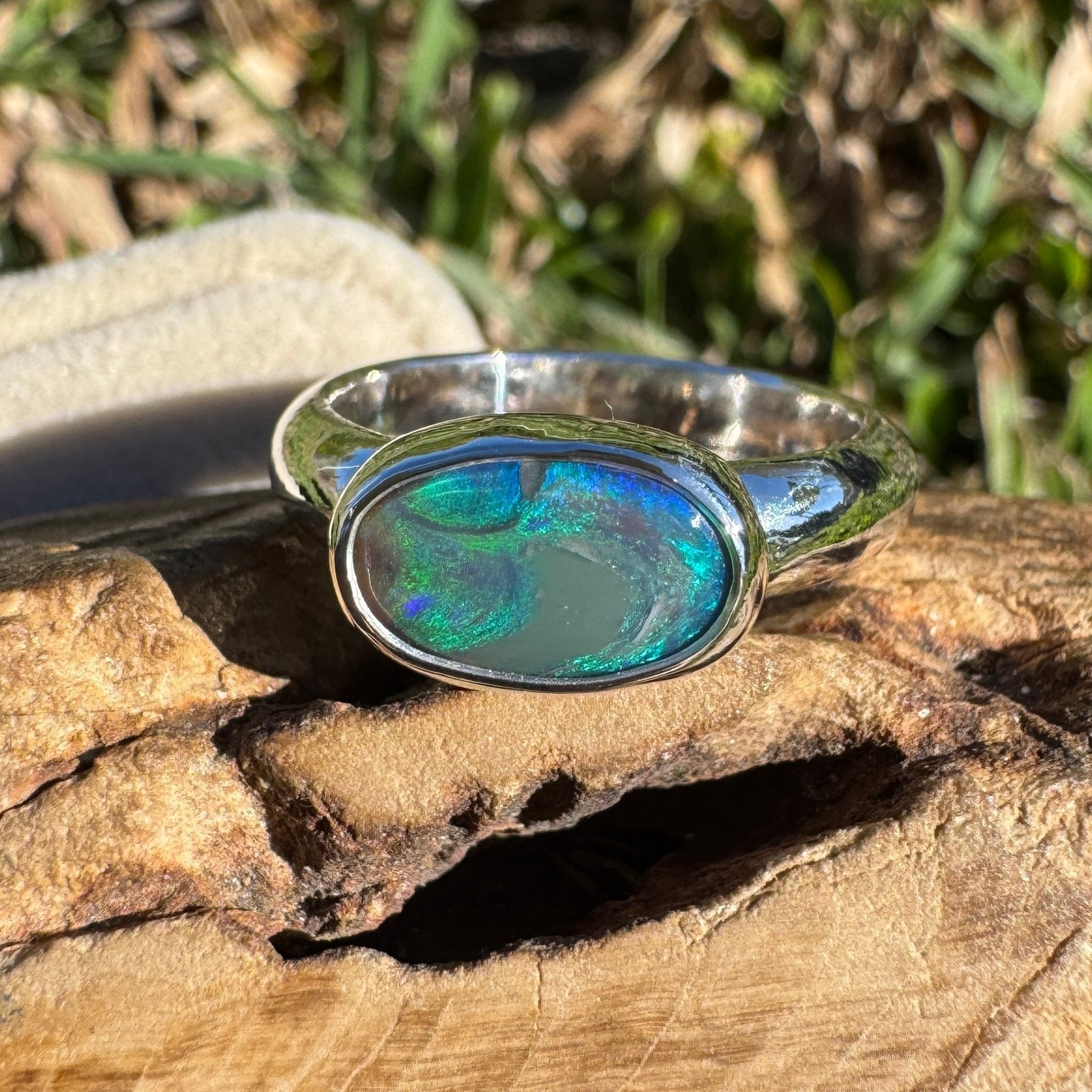 1ct Lightning Ridge Black Opal Ring ~ 'Nullarbor Drift' | 925 Sterling Silver | Solid Australian Opal