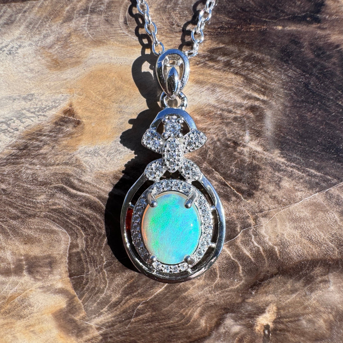 1ct Lightning Ridge Crystal Opal & Cubic Zirconia Pendant Necklace ~ 'Second Valley Greens' | 925 Sterling Silver | Solid Australian Opal