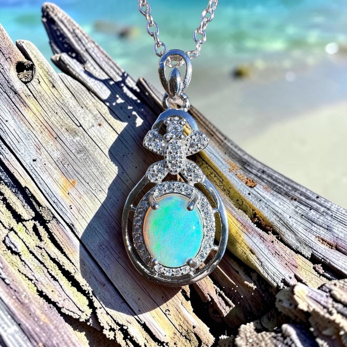 1ct Lightning Ridge Crystal Opal & Cubic Zirconia Pendant Necklace ~ 'Second Valley Greens' | 925 Sterling Silver | Solid Australian Opal