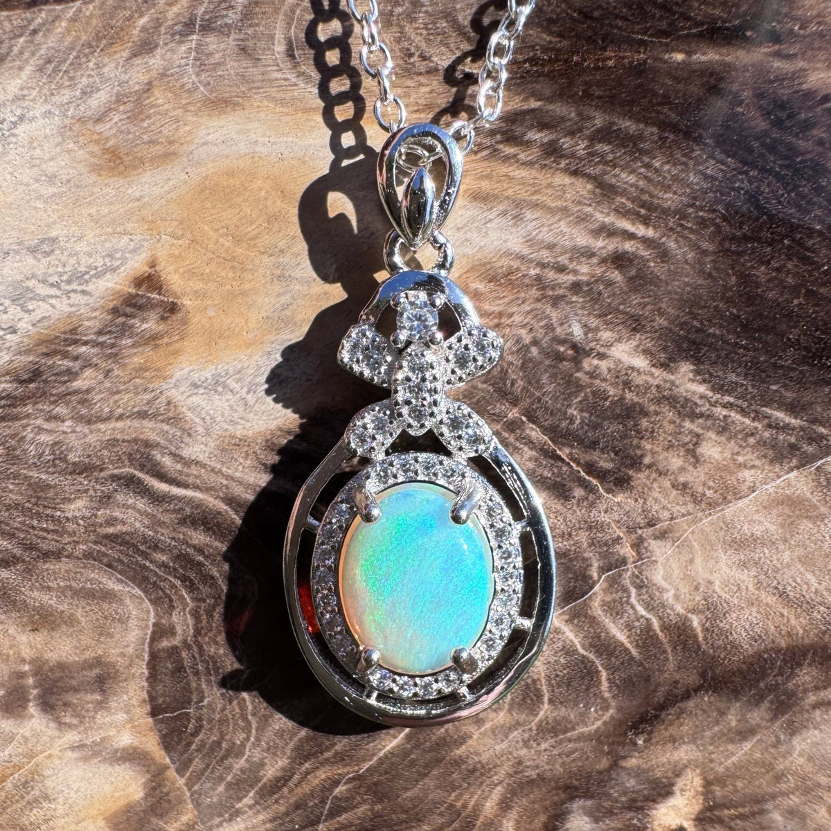 1ct Lightning Ridge Crystal Opal & Cubic Zirconia Pendant Necklace ~ 'Second Valley Greens' | 925 Sterling Silver | Solid Australian Opal
