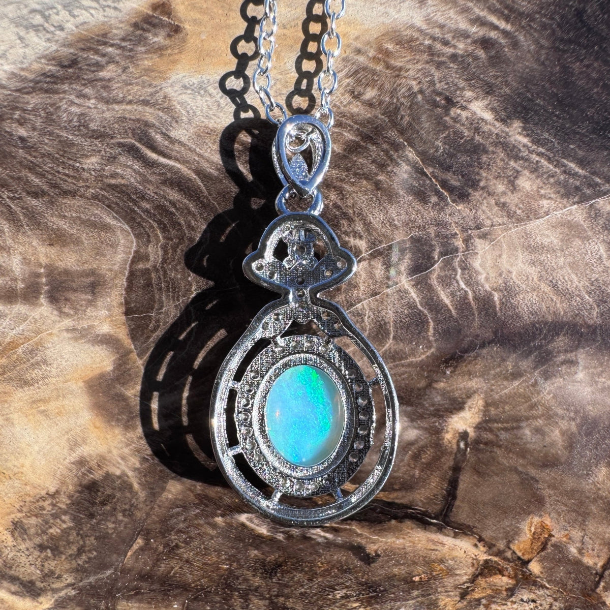1ct Lightning Ridge Crystal Opal & Cubic Zirconia Pendant Necklace ~ 'Second Valley Greens' | 925 Sterling Silver | Solid Australian Opal