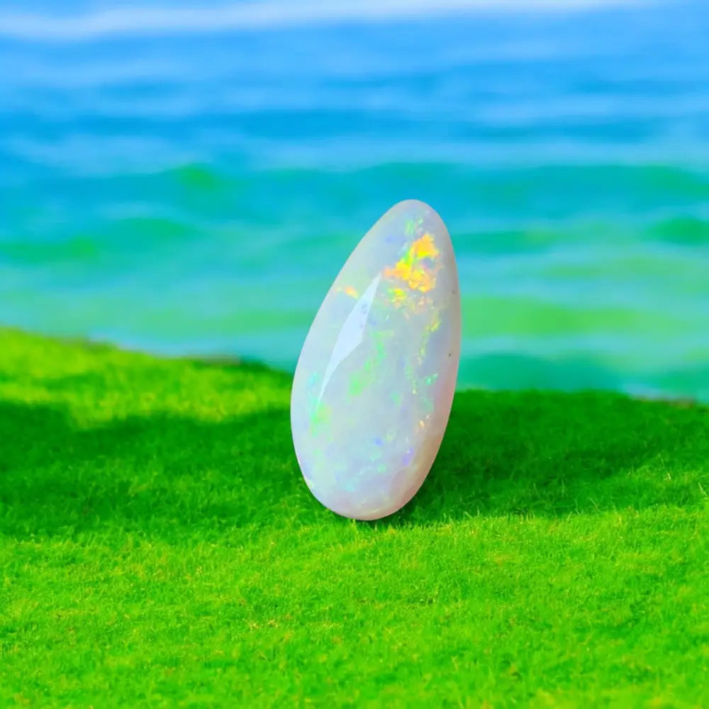 Iridescent white opal gemstone.