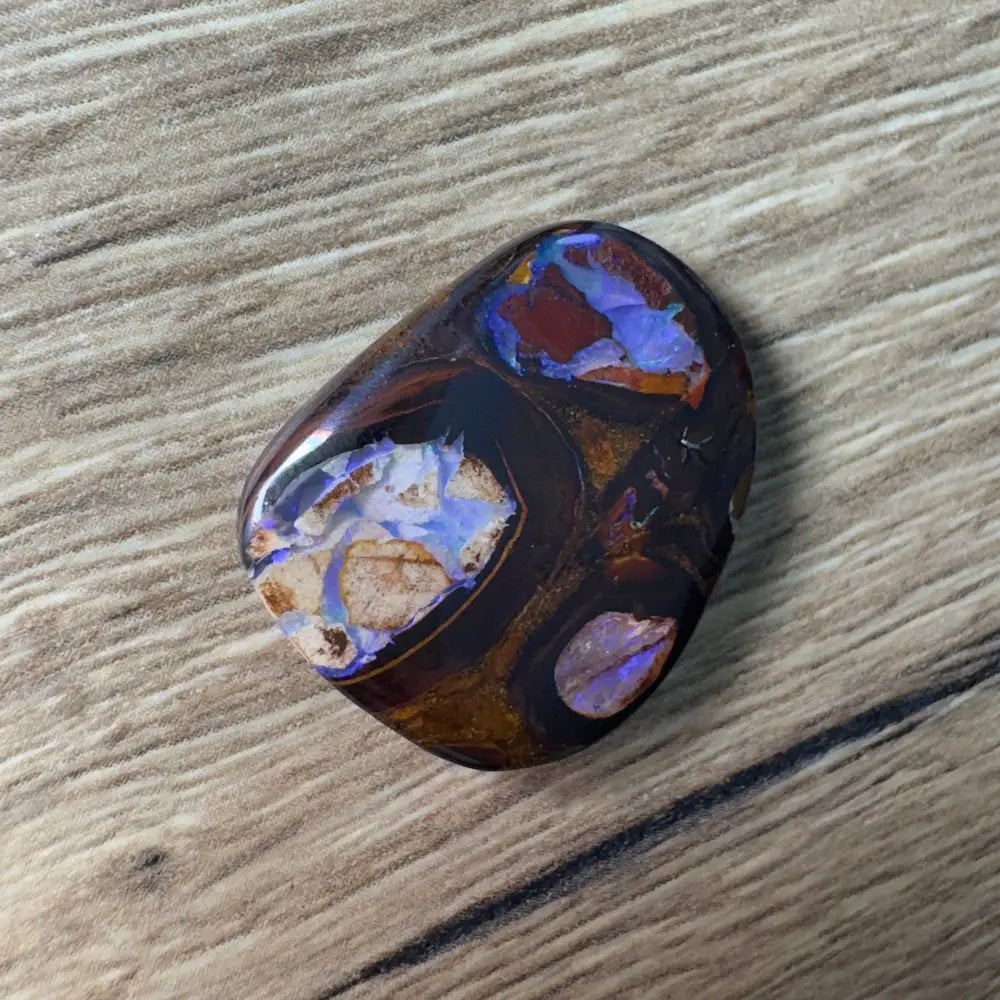 Polished 21.9 carat Queensland Boulder Opal with vibrant color play and natural pipe formations