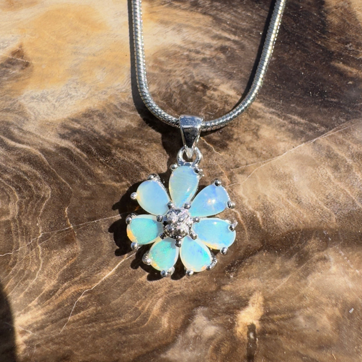 2.8ct Coober Pedy Opal Flower Pendant Necklace ~ 'Maroubra Bloom' | 925 Sterling Silver | Solid Australian Opal