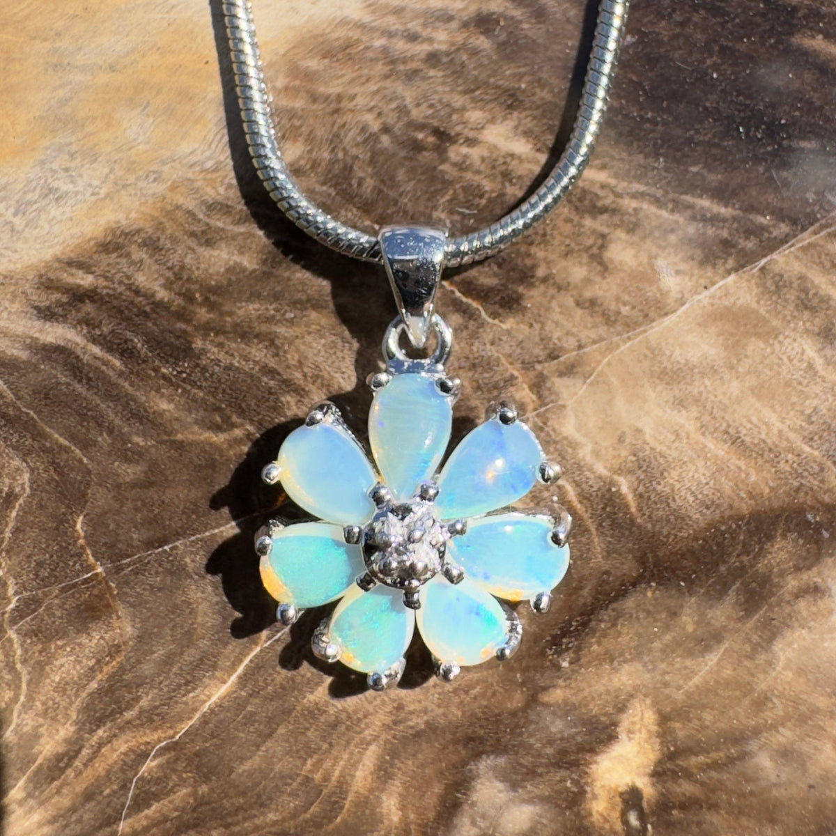 2.8ct Coober Pedy Opal Flower Pendant Necklace ~ 'Maroubra Bloom' | 925 Sterling Silver | Solid Australian Opal
