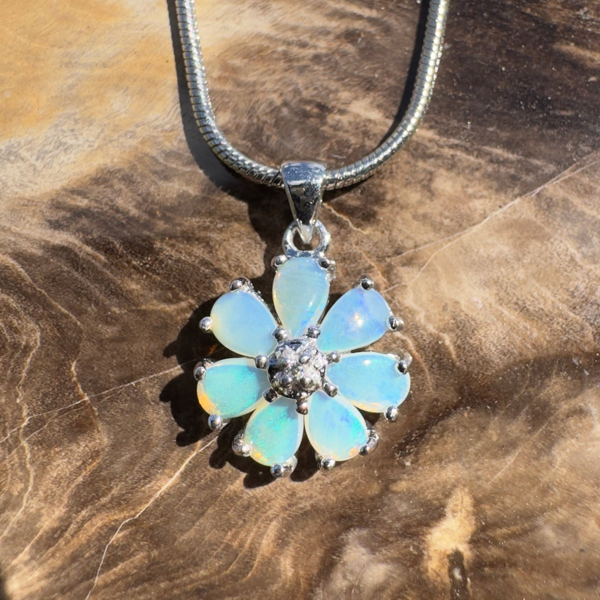 2.8ct Coober Pedy Opal Flower Pendant Necklace ~ 'Maroubra Bloom' | 925 Sterling Silver | Solid Australian Opal