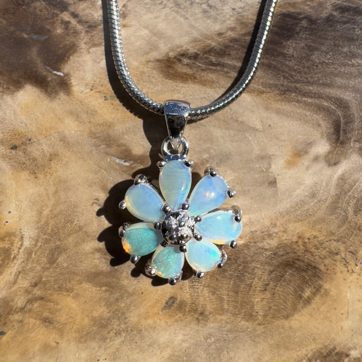 2.8ct Coober Pedy Opal Flower Pendant Necklace ~ 'Maroubra Bloom' | 925 Sterling Silver | Solid Australian Opal