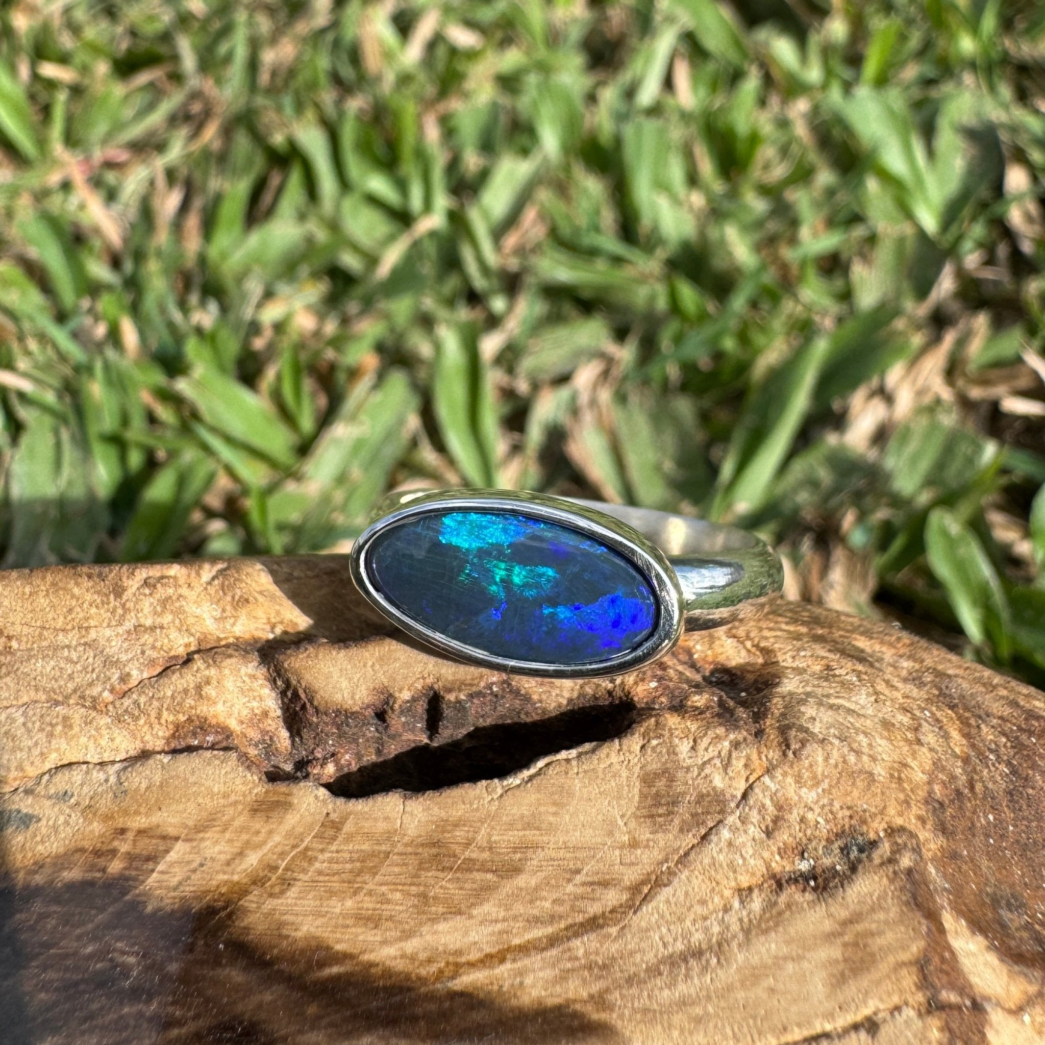 2ct Lightning Ridge Semi Black Opal Ring ~ 'Midnight at the Ridge' | 925 Sterling Silver | Solid Australian Opal