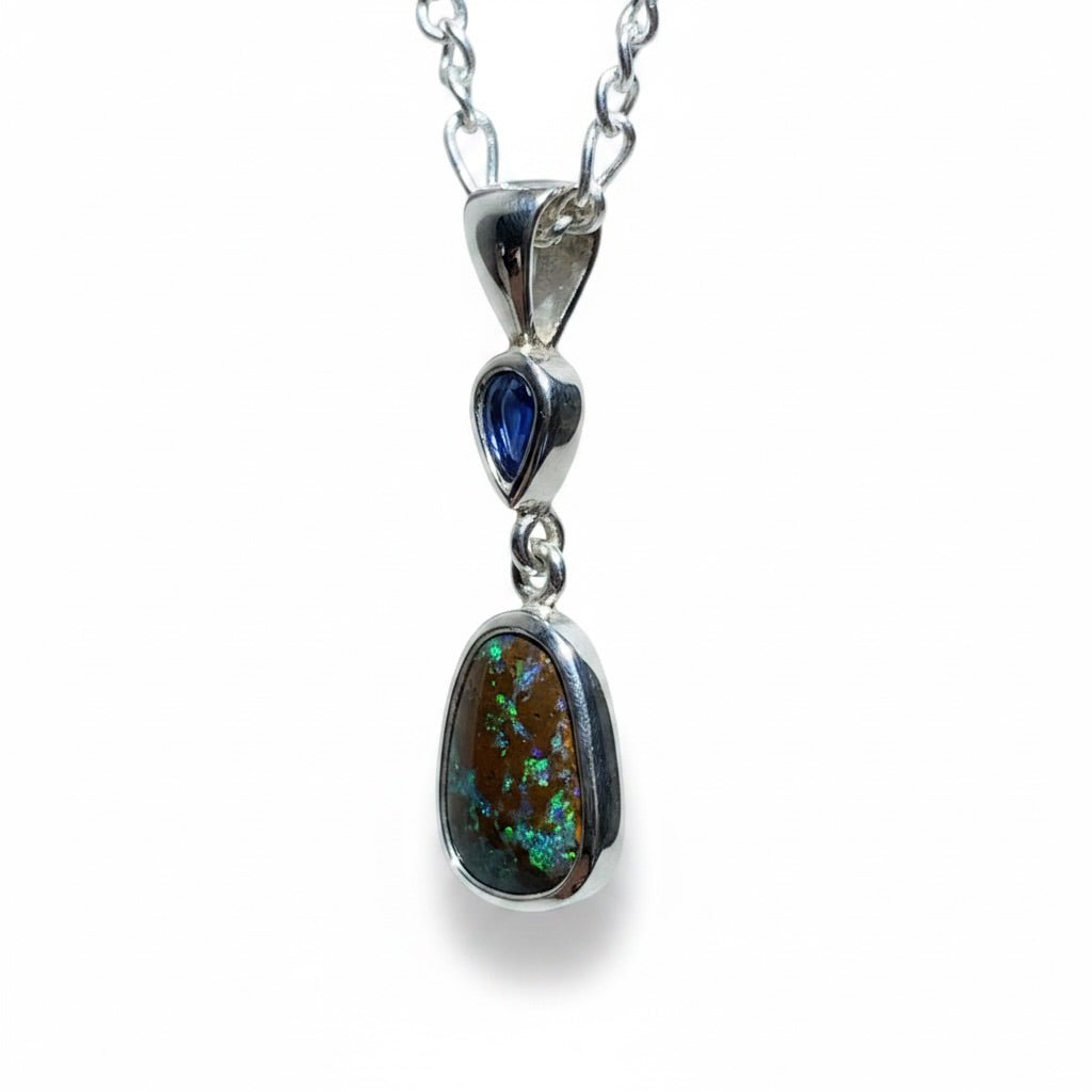 3.3ct Queensland Boulder Opal Pendant Necklace with 0.51ct Queensland Sapphire ~ 'Kings Canyon Kaleidoscope' | 925 Sterling Silver | Solid Australian Opal