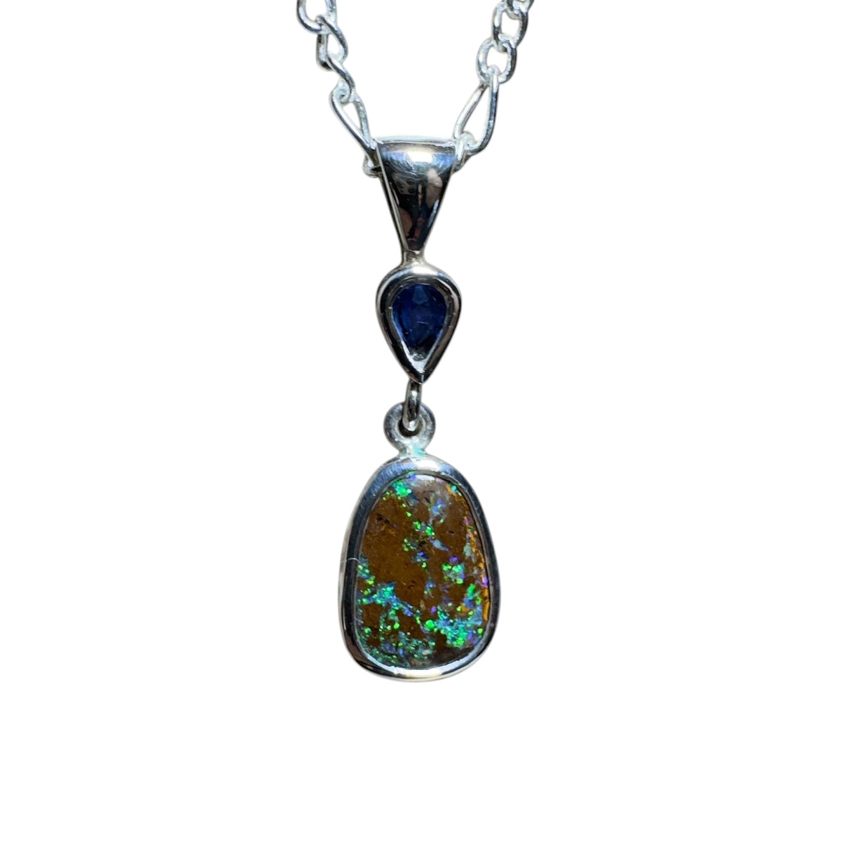 3.3ct Queensland Boulder Opal Pendant Necklace with 0.51ct Queensland Sapphire ~ 'Kings Canyon Kaleidoscope' | 925 Sterling Silver | Solid Australian Opal