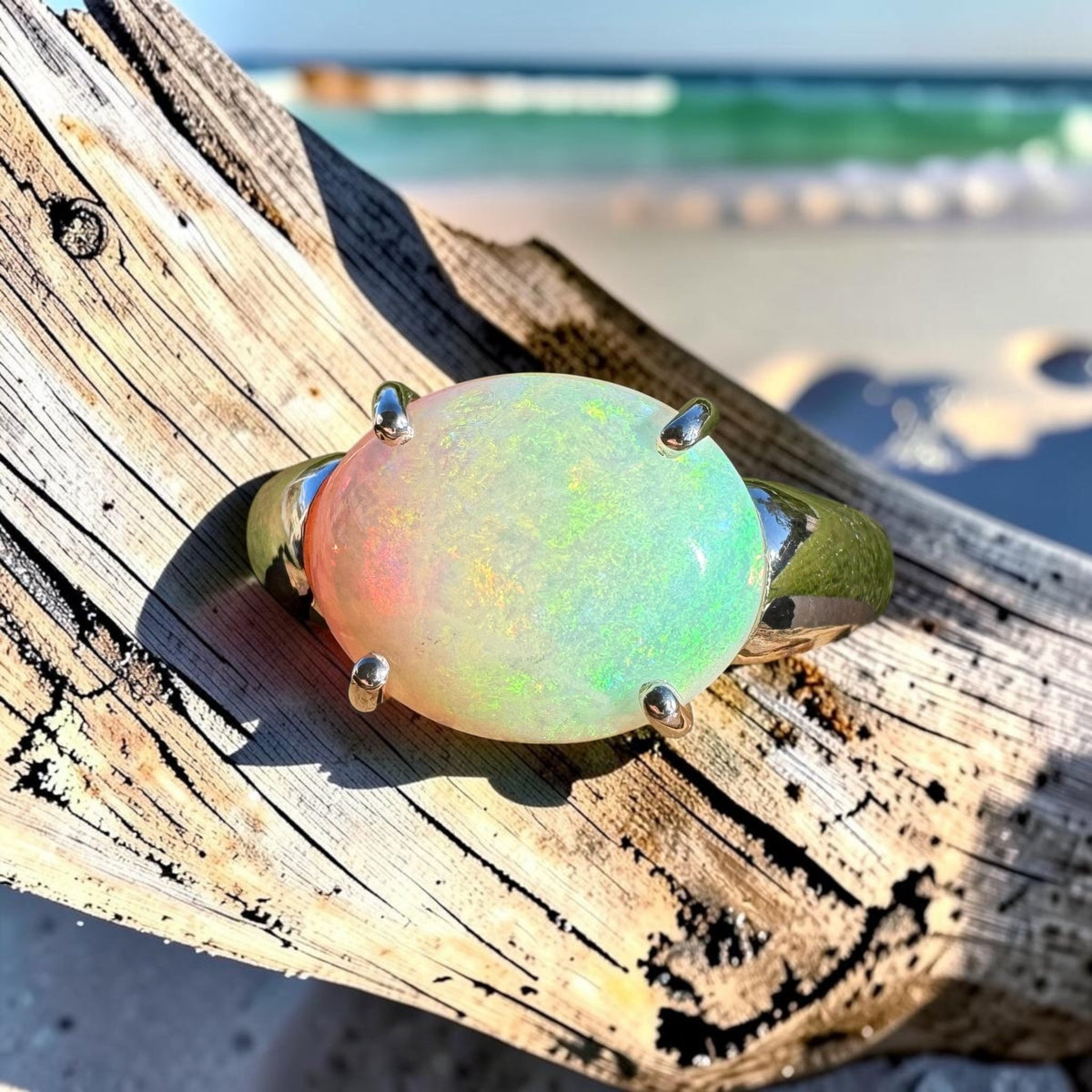 3.4ct Coober Pedy Opal Ring ~ 'Tidal River Spectrum' | 925 Sterling Silver | Solid Australian Opal