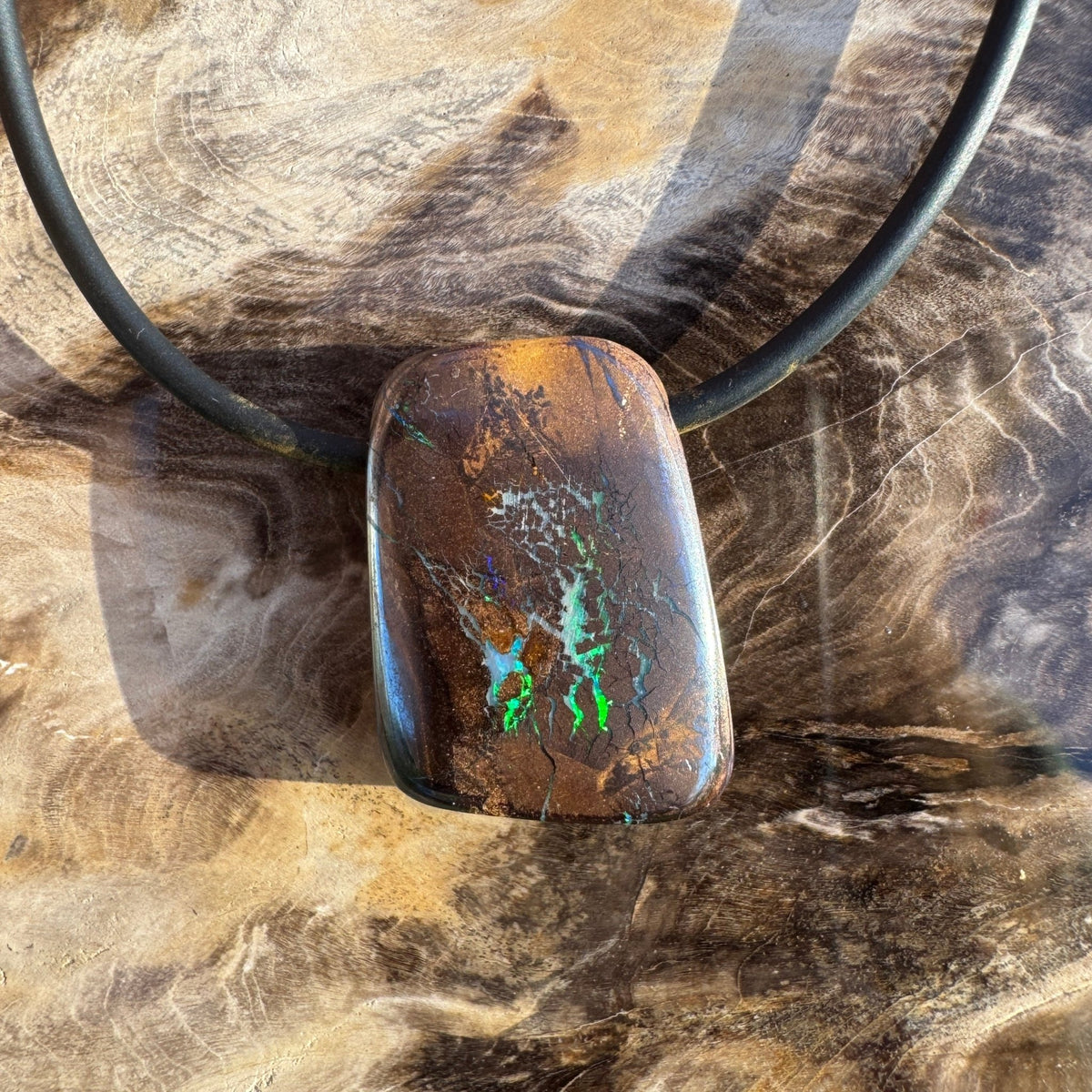 34ct Queensland Boulder Opal Pendant Necklace ~ 'Kimberley Boulder' | Neoprene Leather with 925 Silver Clasps | Solid Australian Opal