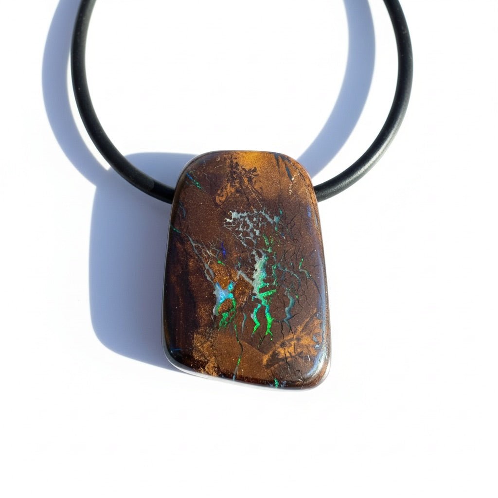 34ct Queensland Boulder Opal Pendant Necklace ~ 'Kimberley Boulder' | Neoprene Leather with 925 Silver Clasps | Solid Australian Opal
