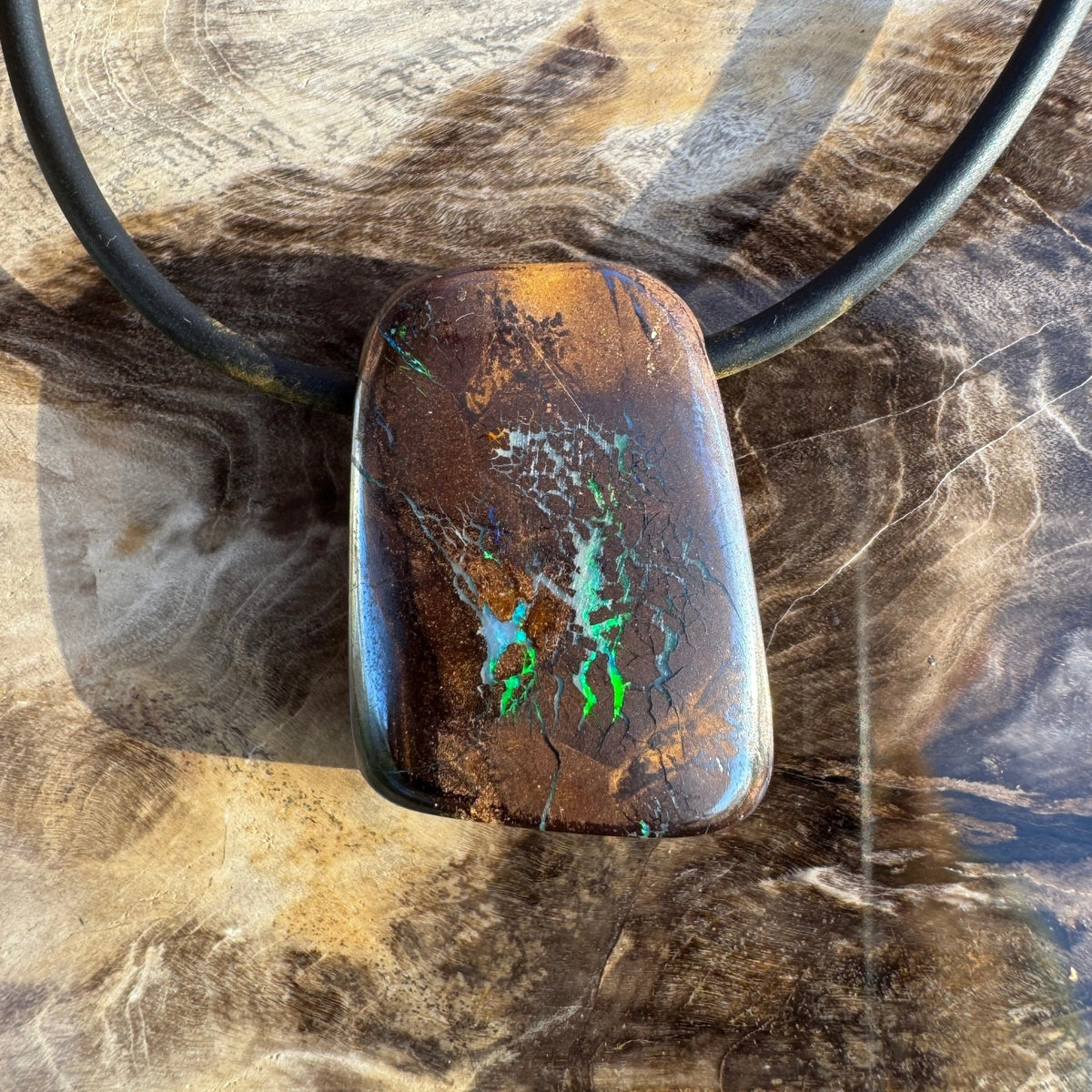 34ct Queensland Boulder Opal Pendant Necklace ~ 'Kimberley Boulder' | Neoprene Leather with 925 Silver Clasps | Solid Australian Opal