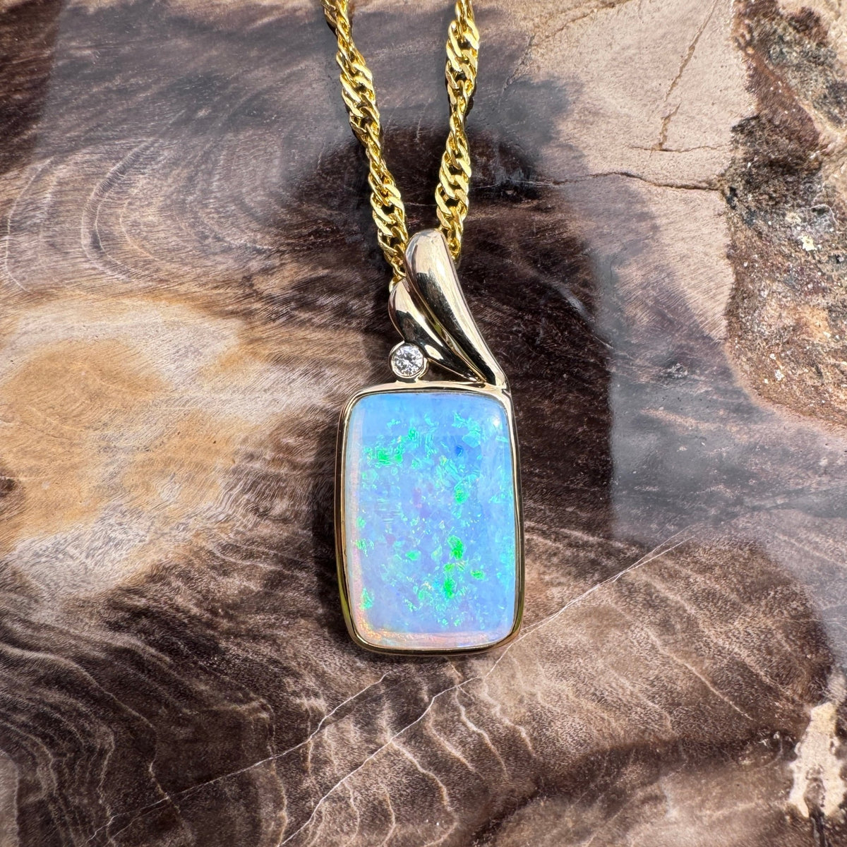 3.5ct Coober Pedy Crystal Opal & Diamond Pendant Necklace ~ 'Esperance Glow' | 14ct Yellow Gold | Solid Australian Opal