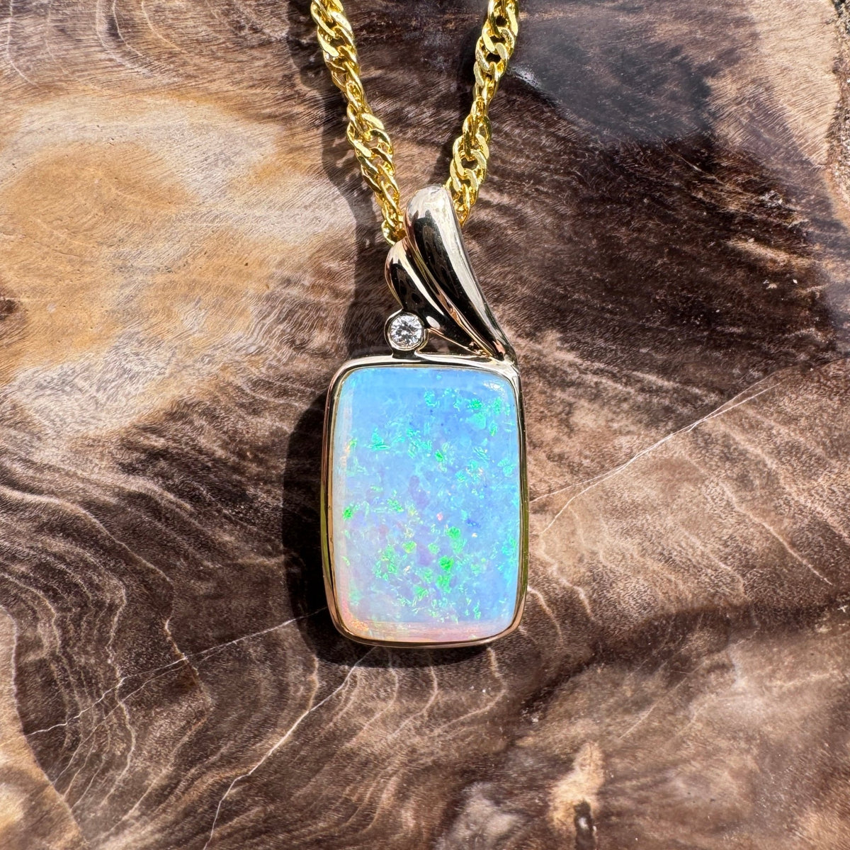 3.5ct Coober Pedy Crystal Opal & Diamond Pendant Necklace ~ 'Esperance Glow' | 14ct Yellow Gold | Solid Australian Opal