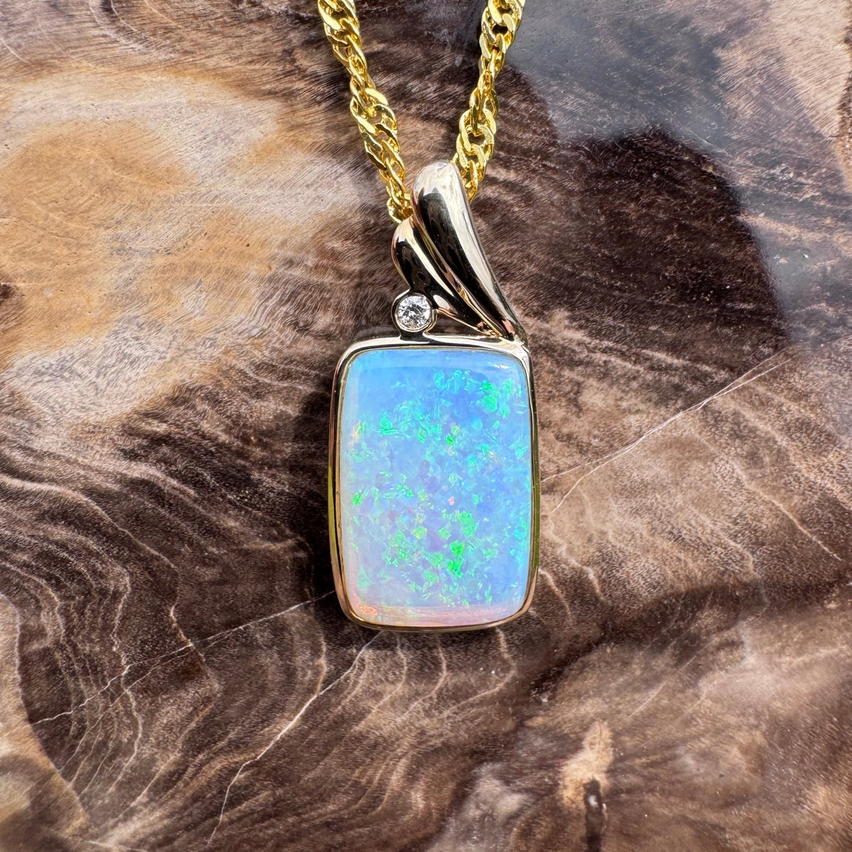 3.5ct Coober Pedy Crystal Opal & Diamond Pendant Necklace ~ 'Esperance Glow' | 14ct Yellow Gold | Solid Australian Opal