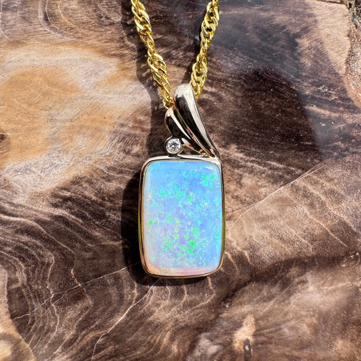 3.5ct Coober Pedy Crystal Opal & Diamond Pendant Necklace ~ 'Esperance Glow' | 14ct Yellow Gold | Solid Australian Opal