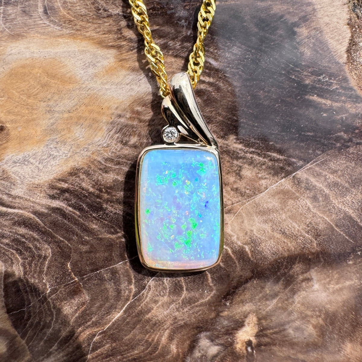 3.5ct Coober Pedy Crystal Opal & Diamond Pendant Necklace ~ 'Esperance Glow' | 14ct Yellow Gold | Solid Australian Opal