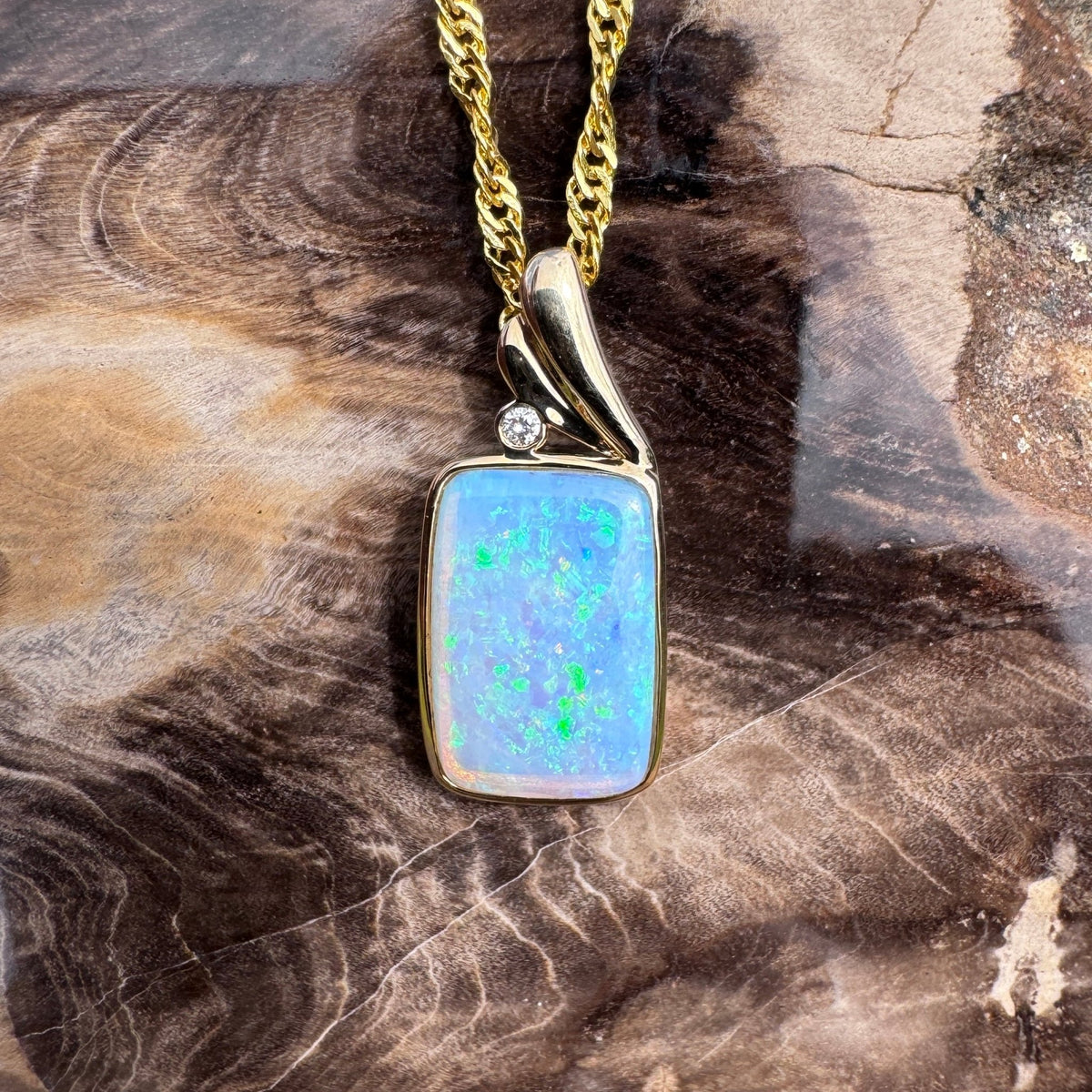3.5ct Coober Pedy Crystal Opal & Diamond Pendant Necklace ~ 'Esperance Glow' | 14ct Yellow Gold | Solid Australian Opal