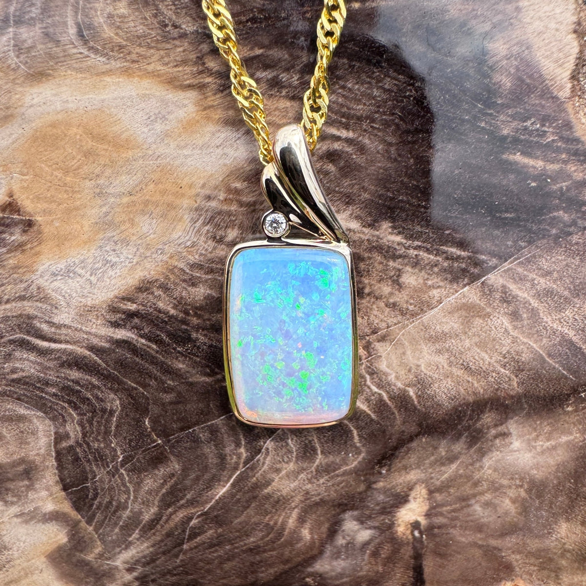 3.5ct Coober Pedy Crystal Opal & Diamond Pendant Necklace ~ 'Esperance Glow' | 14ct Yellow Gold | Solid Australian Opal