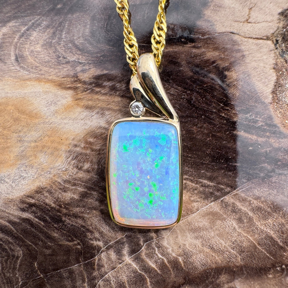 3.5ct Coober Pedy Crystal Opal & Diamond Pendant Necklace ~ 'Esperance Glow' | 14ct Yellow Gold | Solid Australian Opal