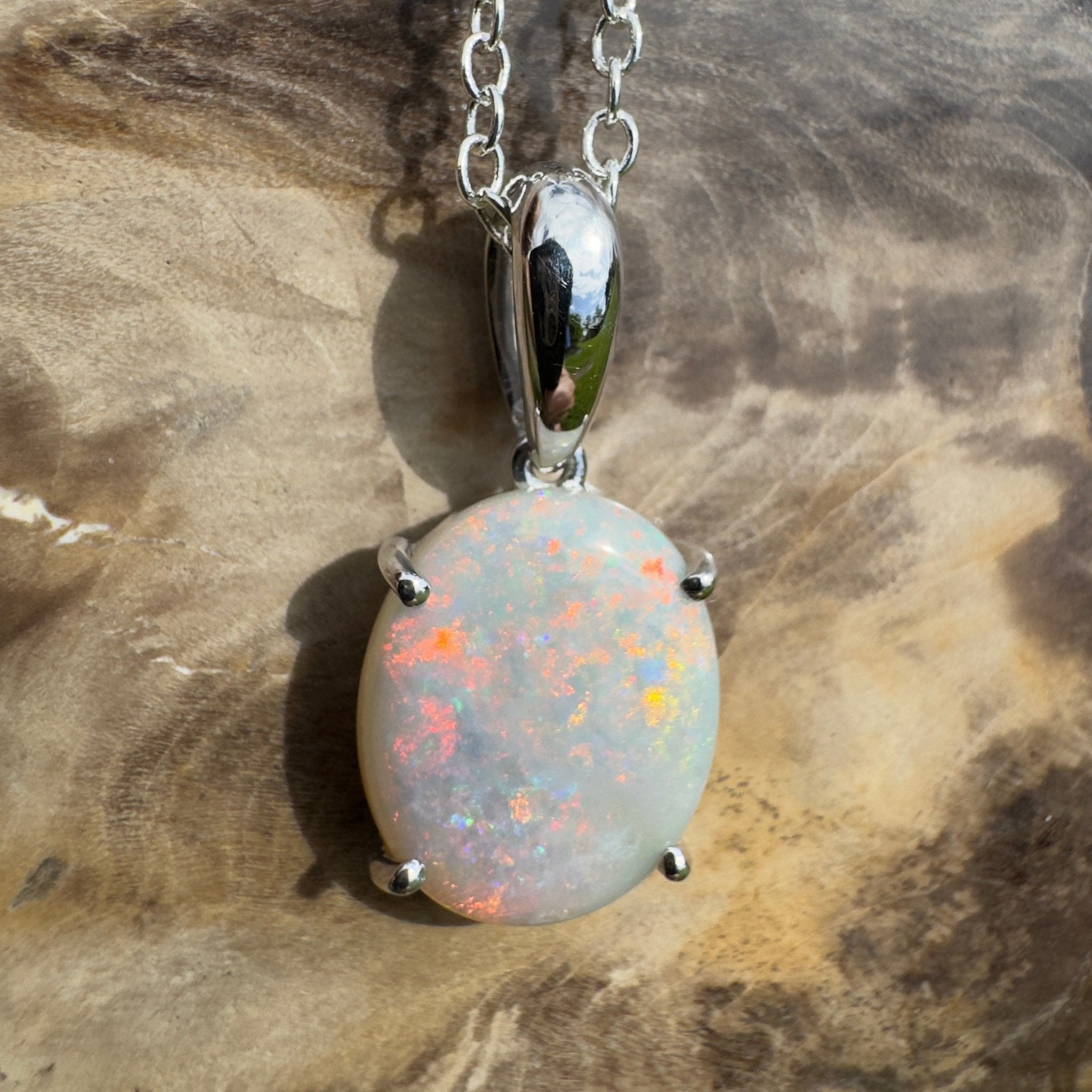 3ct Coober Pedy Crystal Opal Pendant Necklace ~ 'Mungo Wildfire' | 925 Sterling Silver | Solid Australian Opal