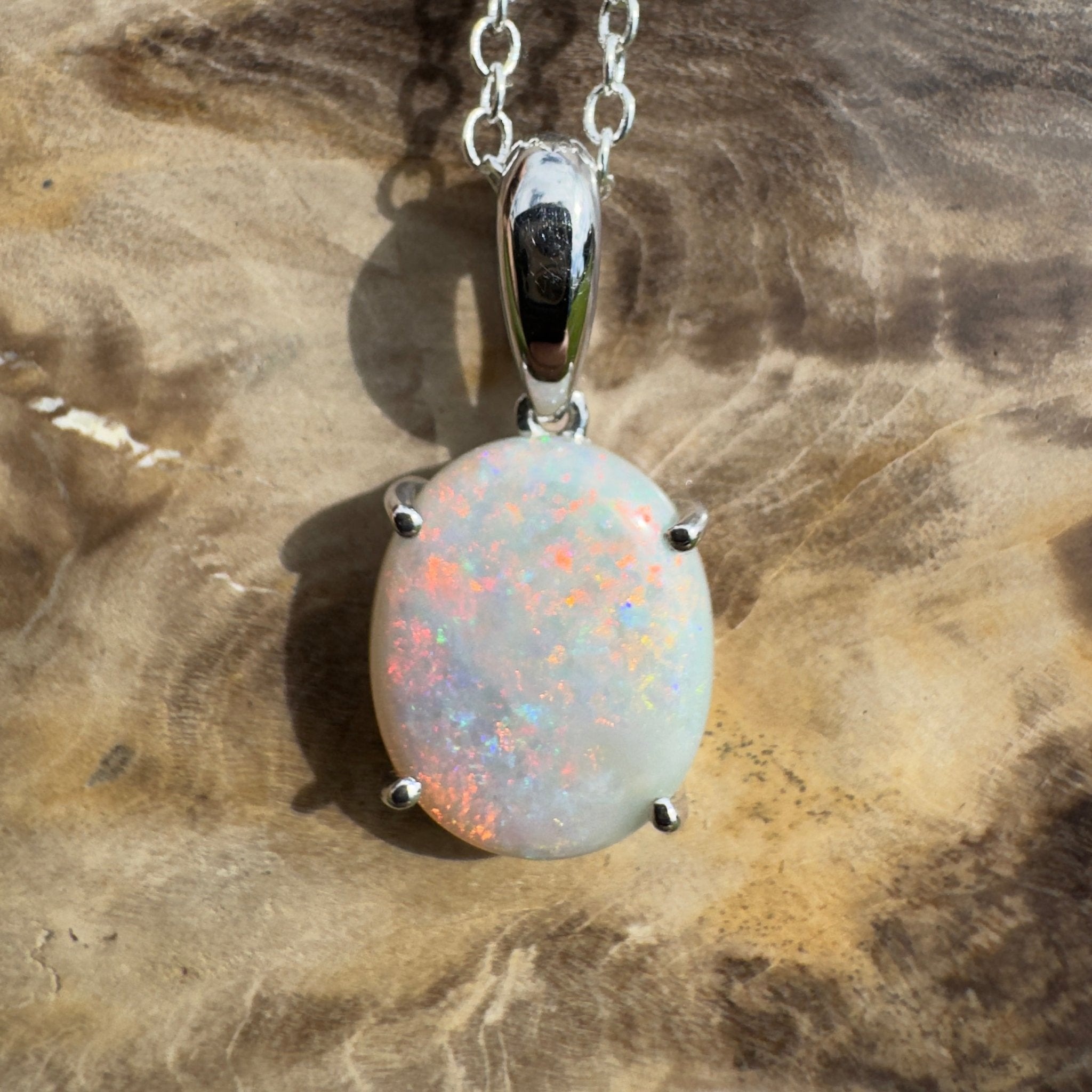 3ct Coober Pedy Crystal Opal Pendant Necklace ~ 'Mungo Wildfire' | 925 Sterling Silver | Solid Australian Opal